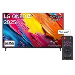 Front view of LG QNED70 TV, LG QNED Al Logo on the top corner. LG QNED TV depicts colorful paintike textures coming together.2