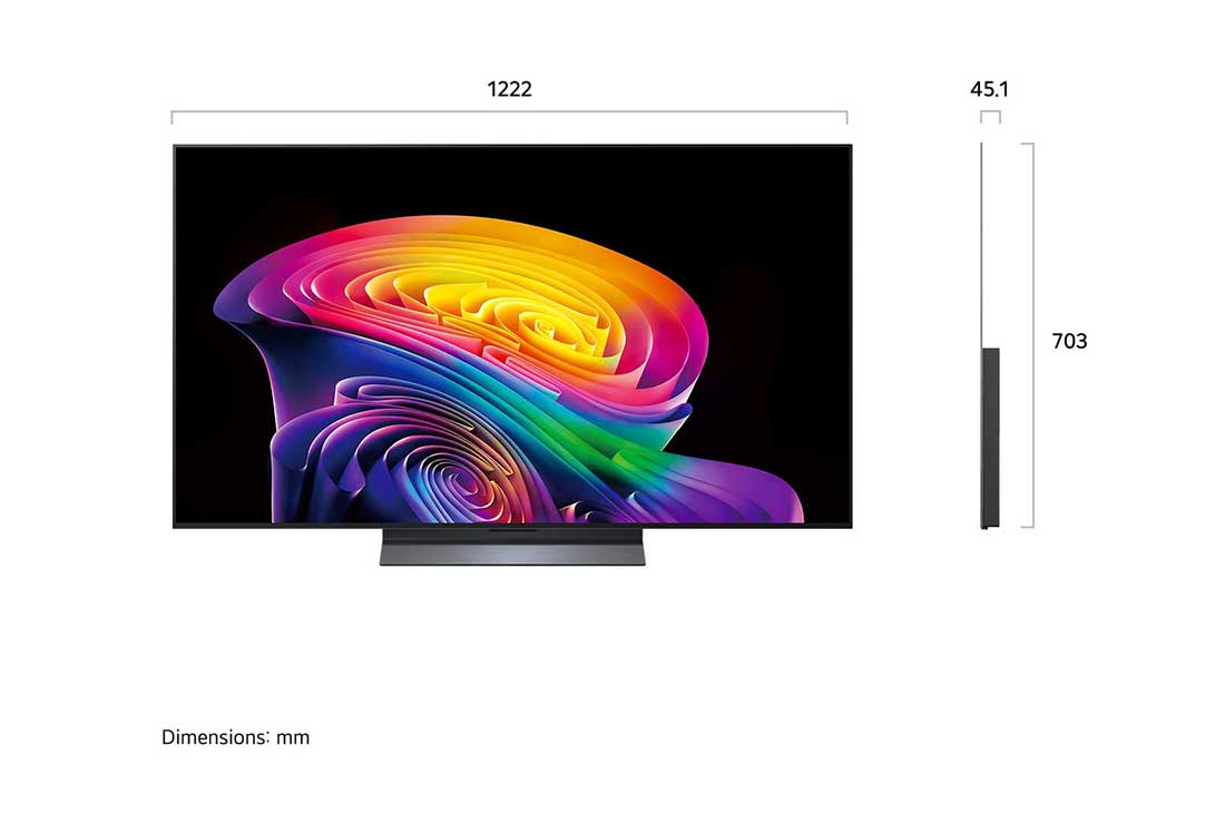 LG 55 inch LG OLED evo AI C6 4K Smart TV 2026, LG OLED evo AI C6 shown in front and side views highlights a 55-inch display with a 1222 mm-wide screen, an overall height of 703 mm, and an ultra-slim 45.1 mm depth without a stand., OLED55C66LA, thumbnail 2
