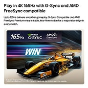 LG 55 inch LG OLED evo AI C6 4K Smart TV 2026, LG OLED evo AI C6 for Unbeatable Gameplay in 4K 165Hz shows a high-speed racing game with a yellow open-wheel car in motion, bold “WIN” text on screen, and NVIDIA G-SYNC and AMD FreeSync Premium logos, OLED55C66LA, thumbnail 9