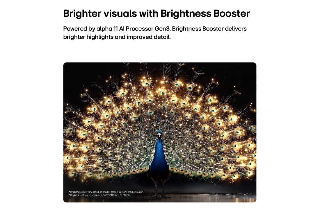 LG 55 inch LG OLED evo AI C6 4K Smart TV 2026, LG OLED evo AI C6 with Brightness Booster shows a dark scene where a brilliantly illuminated peacock spreads its radiant, glowing feathers, delivering brighter highlights with improved detail and stri, OLED55C66LA, thumbnail 3