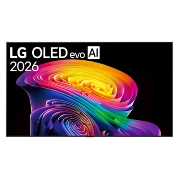 The front view of LG OLED evo AI C6, released in 2026, features a slim black bezel, with a vivid, sculpted swirl of layered rainbow tones flowing across the screen.1