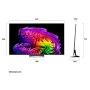LG 65 inch LG OLED evo AI G6 4K Smart TV 2026, LG OLED evo AI G6 shown in front and side views highlights a 65-inch display with a 1441 mm-wide screen, 826 mm screen height, 910 mm height with stand, a 24.3 mm depth, and a stand footprint measurin, OLED65G66LW, thumbnail 2