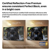 LG 65 inch LG OLED evo AI G6 4K Smart TV 2026, LG OLED evo AI G6 with Reflection Free Premium shows a side-by-side comparison against an anti-glare matte display, keeping the black jaguar image clear with deep blacks and fine texture, especially i, OLED65G66LW, thumbnail 6