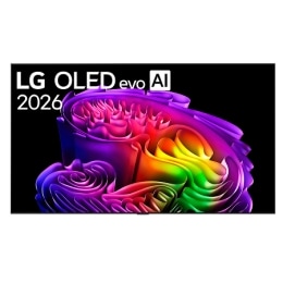 The front view of LG OLED evo AI G6, released in 2026, features a slim black bezel, with a vivid, sculptural image of richly layered, multicolored forms filling the screen.2
