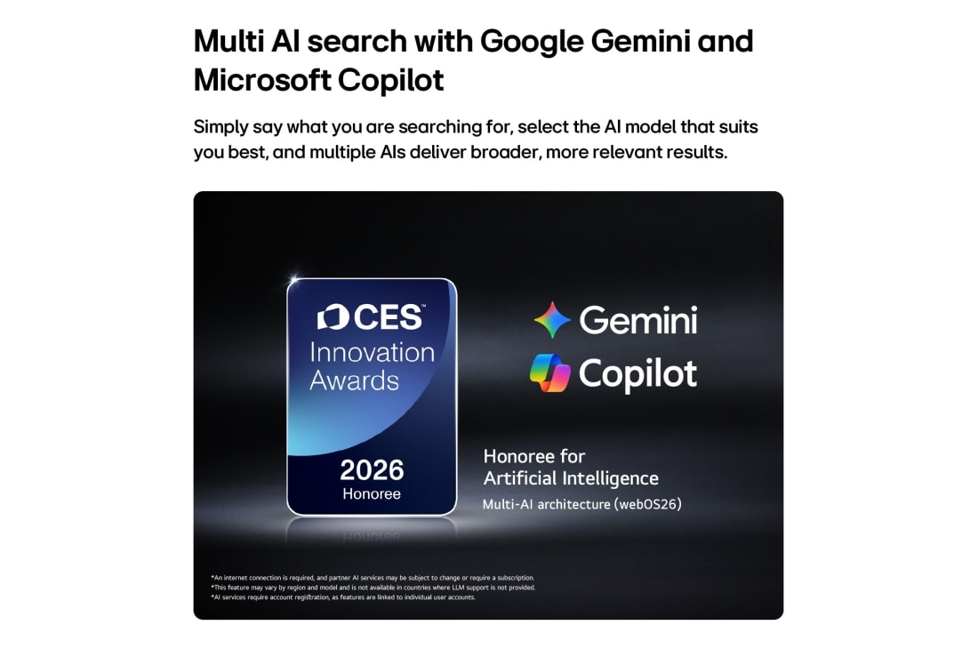 LG 85 inch LG LG QNED AI Mini LED 4K Smart TV Award‑winning Multi AI webOS 2026, The 2026 CES Innovation Awards Honoree badge in the Artificial Intelligence category recognizes Multi-AI search with Google Gemini and Microsoft Copilot., 85QNED72B6T, thumbnail 9