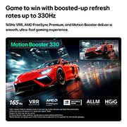 LG 75 inch LG Micro RGB evo AI 4K Smart TV Certified Triple 100% Color Coverage 2026, LG Micro RGB evo AI MRGB95 with Ultimate Gameplay shows a vibrant, high-speed racing scene with a blurred comparison inset highlighting Motion Booster 330, while supporting 165 Hz, VRR, AMD FreeSync, , 75MRGB95B6A, thumbnail 9