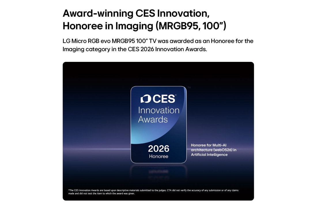 LG 75 inch LG Micro RGB evo AI 4K Smart TV Certified Triple 100% Color Coverage 2026, 2026 CES Innovation Awards Honoree badge in the Imaging category for the MRGB95 100-inch display, 75MRGB95B6A, thumbnail 3