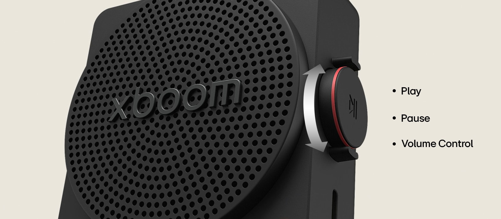 LG xboom mini physical rotary knob for volume control with turn-and-click button for instant access to FYI AI Radio