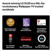 LG 77 inch Wallpaper TV LG OLED evo AI W6 True Wireless 4K Smart TV 2026, LG OLED evo AI W6 Wallpaper TV highlights its industry recognition with five on-screen award badges from CNN underscored, TechRadar, iF design award, T3, HDTVTest, and USA Today, reinforcing its globa, OLED77W66LA, thumbnail 7