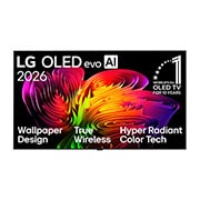 LG 83 inch Wallpaper TV LG OLED evo AI W6 True Wireless 4K Smart TV 2026, The front view of LG OLED evo AI W6 Wallpaper, released in 2026, displays a dynamic wave-like composition on screen, featuring Wallpaper Design, True Wireless Technology, Hyper Radiant Color Tech, and, OLED83W66LA, thumbnail 1