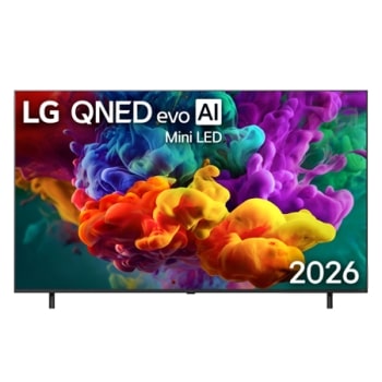 The front view of LG QNED evo AI Mini LED QNED85, released in 2026, fills the screen with vivid, fluid bursts of multicolored, paint-like motion, as dense clouds of color blend seamlessly across the d1
