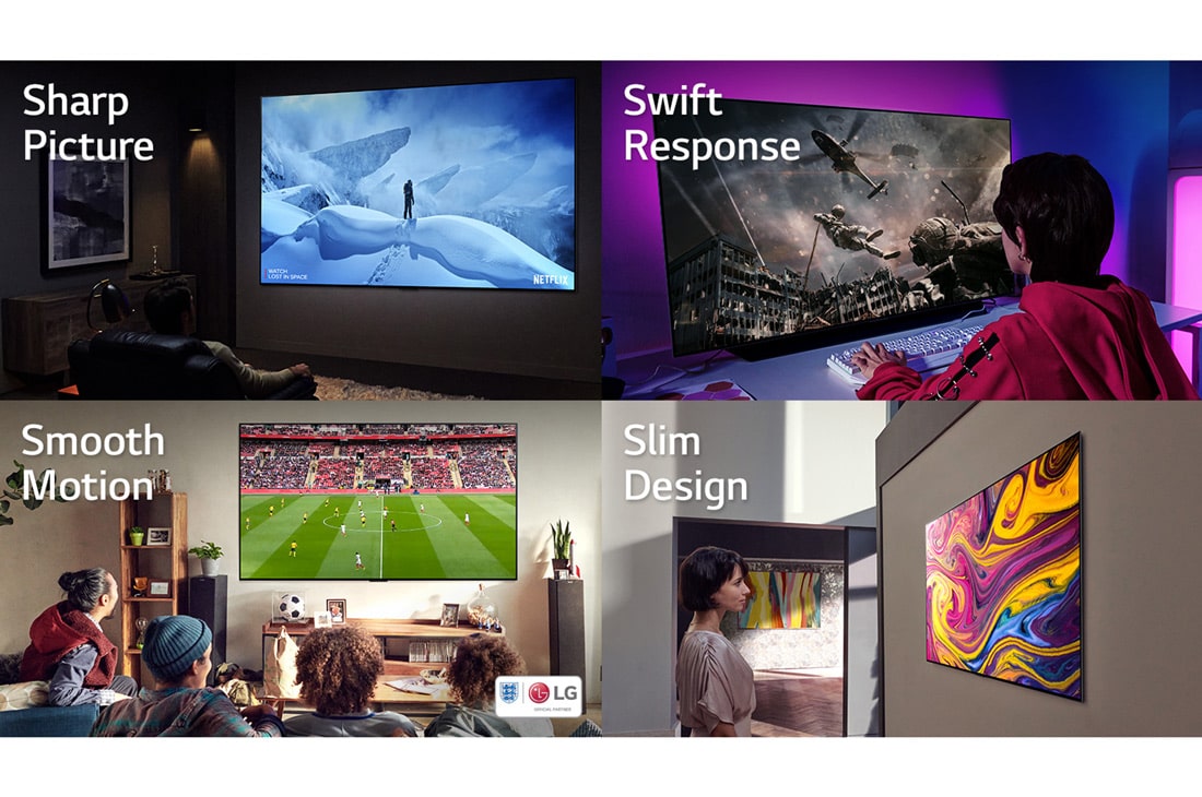 LG OLED 65 Inch TV With 4K Active HDR Cinema Screen Design from the A1 Series, A man sitting on a couch in a dark room is watching TV displaying a man standing in the middle of a snow mountain. A girl is playing computer game with a large screen TV displaying a soldier coming do, OLED65A1PVA, thumbnail 2