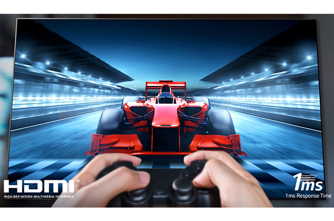 LG OLED 65 Inch TV With 4K Active HDR Cinema Screen Design from the A1 Series, A close up of a player playing a racing game on a TV screen. On the image, there are HDMI logo on the bottom left and 1ms Response Time logo on the bottom right., OLED65A1PVA, thumbnail 3
