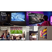 LG OLED 65 Inch TV With 4K Active HDR Cinema Screen Design from the A1 Series, A man sitting on a couch in a dark room is watching TV displaying a man standing in the middle of a snow mountain. A girl is playing computer game with a large screen TV displaying a soldier coming do, OLED65A1PVA, thumbnail 2