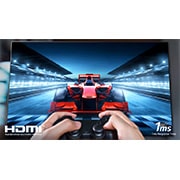 LG OLED 65 Inch TV With 4K Active HDR Cinema Screen Design from the A1 Series, A close up of a player playing a racing game on a TV screen. On the image, there are HDMI logo on the bottom left and 1ms Response Time logo on the bottom right., OLED65A1PVA, thumbnail 3