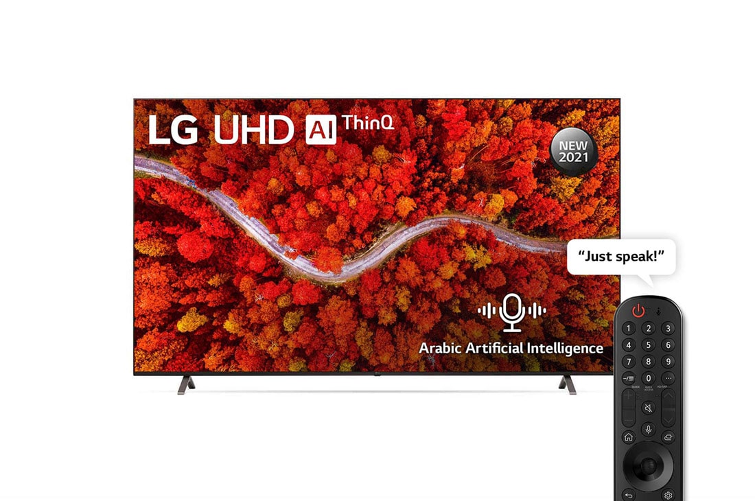 LG UHD 4K TV 82 Inch UP80 Series Cinema Screen Design 4K Cinema HDR webOS Smart with ThinQ AI, front view with infill image, 82UP8050PVB