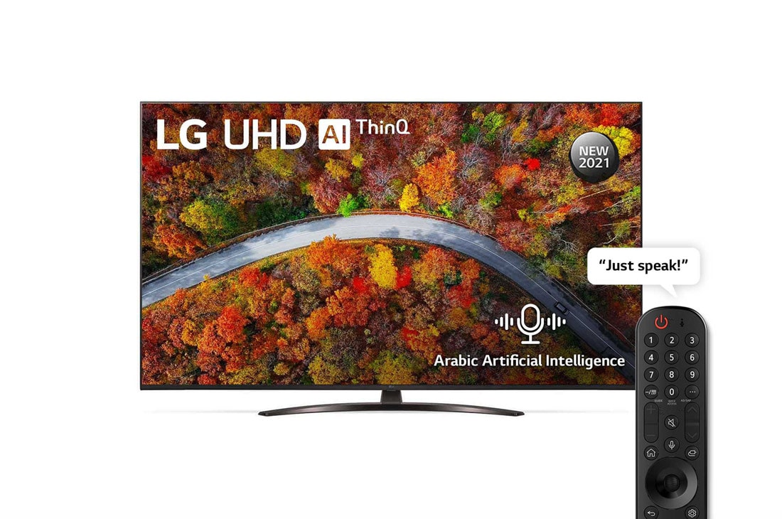 LG UHD 55 Inch UP81 Series Cinema Screen Design 4K Active HDR webOS Smart with ThinQ AI, front view with infill image, 55UP8150PVB