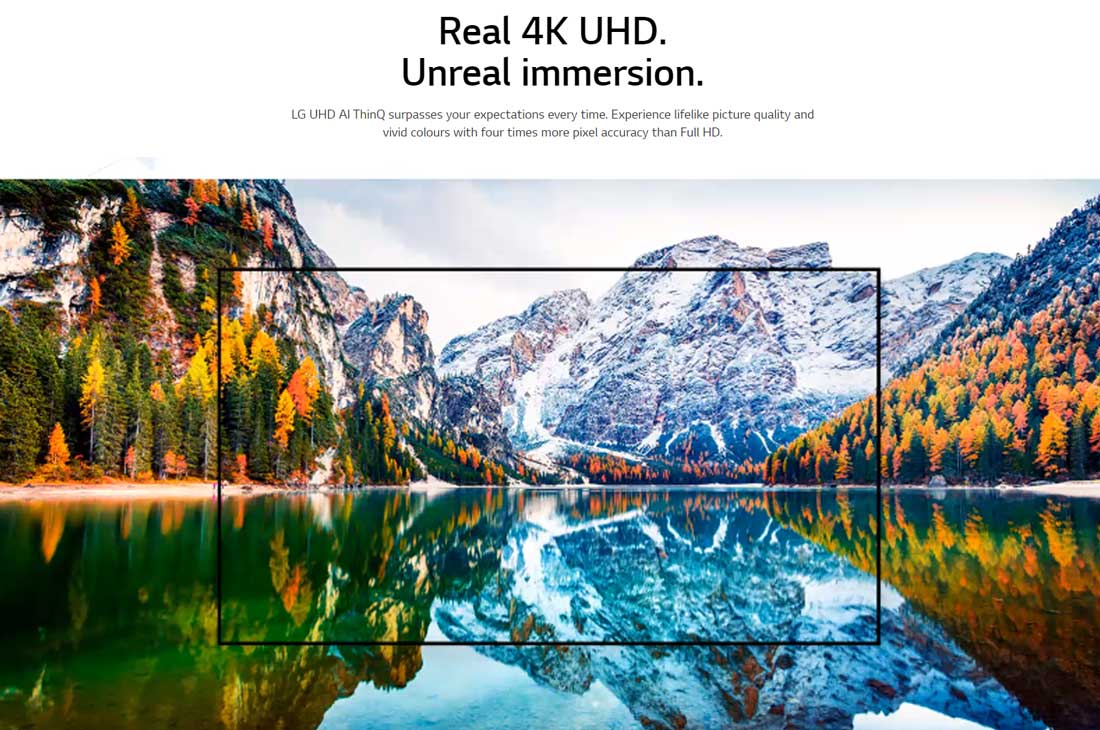LG UHD 55 Inch UP75 Series 4K Active HDR  webOS Smart with ThinQ AI, A TV screen capturing the scenary of the mountain and the lake is enlarged, 55UP7550PVG, thumbnail 2