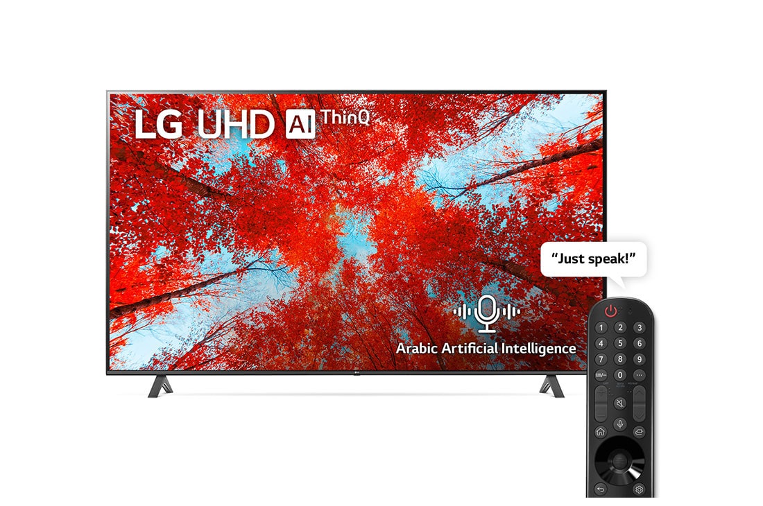 LG QNED 75 Inch TV With 4K Active HDR Cinema Screen Design from the QNED90 Series, A front view of the LG UHD TV with infill image and product logo on, 75UQ90006LC