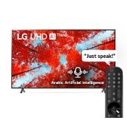 LG QNED 75 Inch TV With 4K Active HDR Cinema Screen Design from the QNED90 Series, A front view of the LG UHD TV with infill image and product logo on, 75UQ90006LC, thumbnail 1