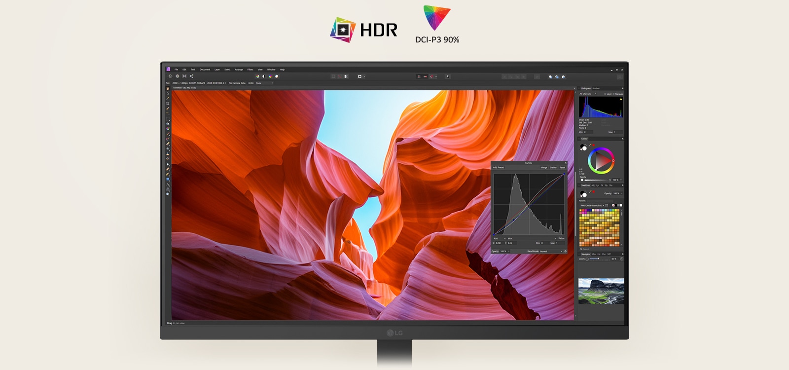 Front view of a white LG monitor displaying vivid canyon imagery with color correction tools, highlighting HDR and 90% DCI-P3 color coverage.