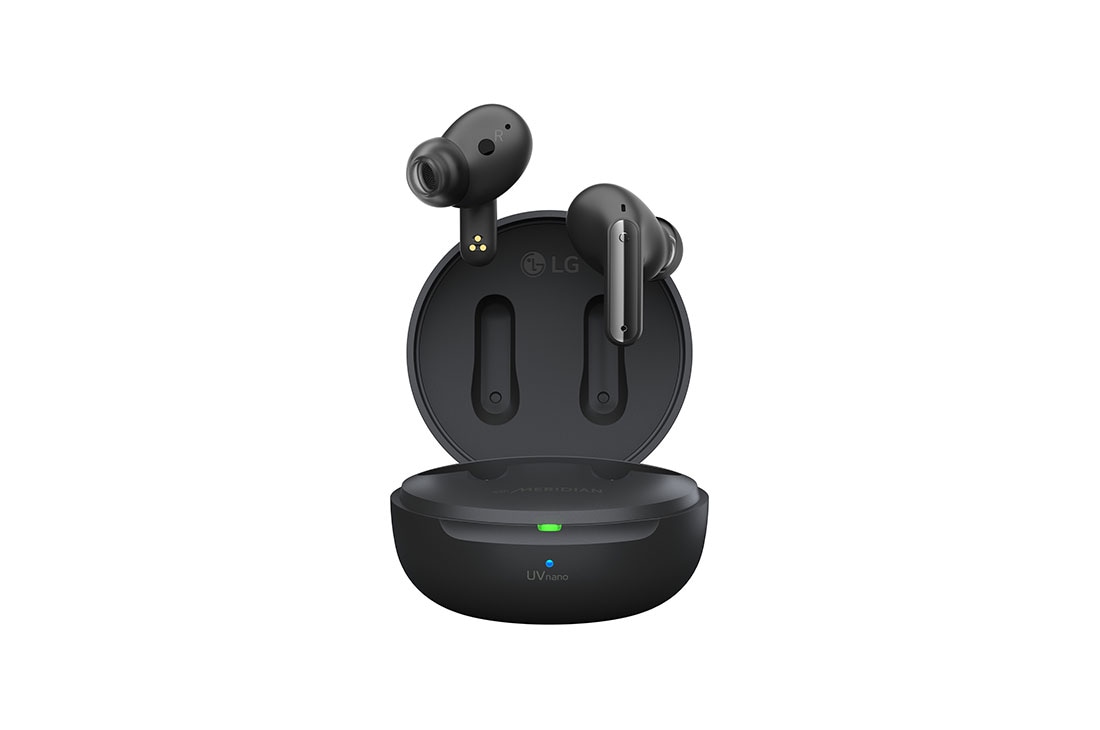 LG TONE Free FP8 - Enhanced Active Noise Cancelling True Wireless Bluetooth UVnano Earbuds, Image with earbuds floating over a closed cradle., TONE-FP8