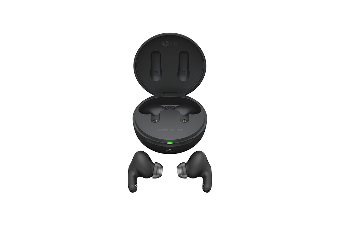 LG TONE Free FP8 - Enhanced Active Noise Cancelling True Wireless Bluetooth UVnano Earbuds, A top view of cradle opened up and both sides of the earbuds are placed in front of it., TONE-FP8, thumbnail 15