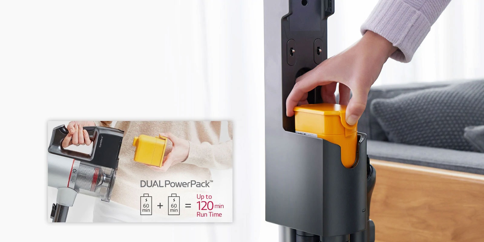 A hand places the battery pack inside the vacuum cleaner. To the left is an icon with two batteries with +60 min on the side and arrows. The batteries move to indicate they can be swapped.