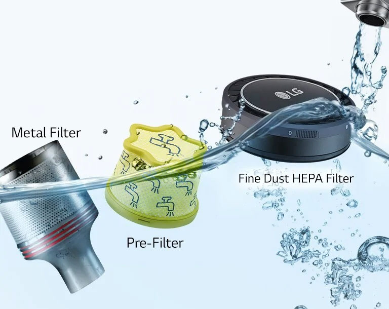 A faucet is shown running and water fills half of the photo to show the ease of cleaning the three objects that make up the filter and cyclone system of the handstick vacuum cleaner that are floating.