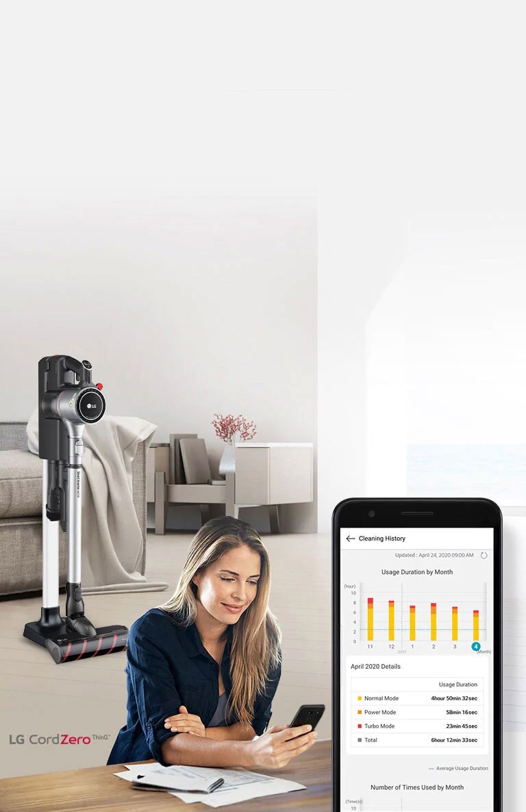 The vacuum in the charging stand is in a living room in the background with a woman looking at her phone in the foreground. An image of the phone screen shows the cleaning history of her product.