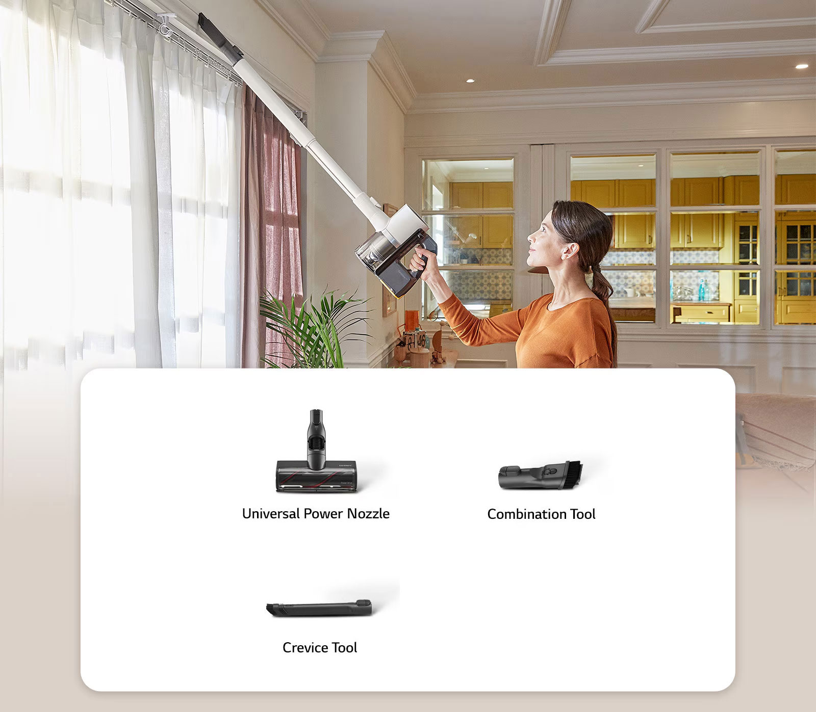 A woman is showing an image of using a Creative tool to remove dust from the ceiling.