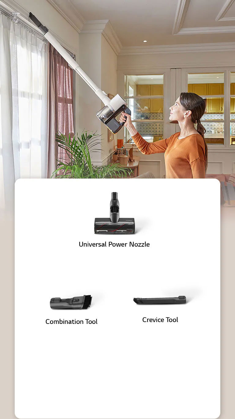 A woman is showing an image of using a Creative tool to remove dust from the ceiling.