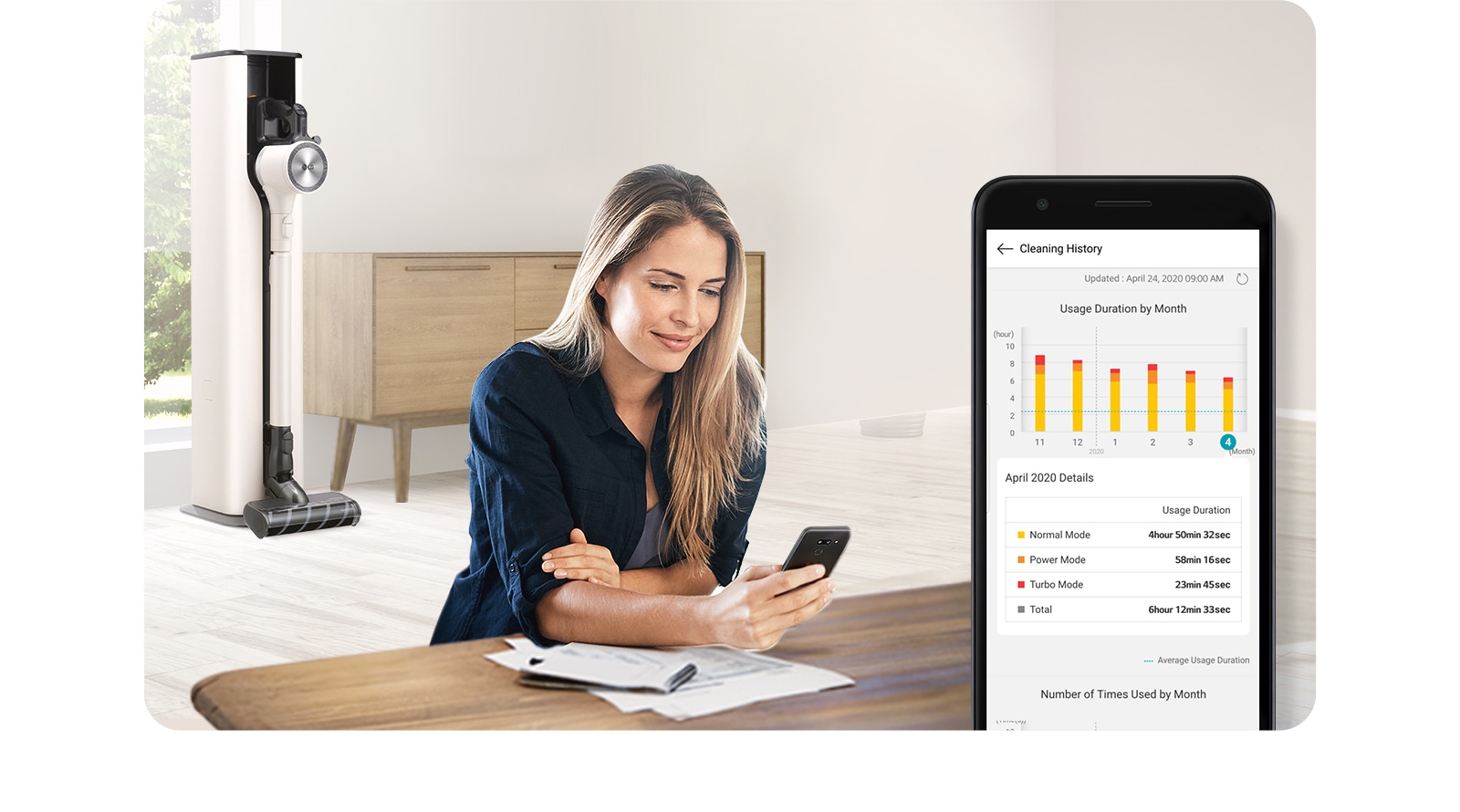 A woman is sitting at a table looking into her smartphone, and the smartphone screen in the lower right shows the UI of the LG ThinQ app.
