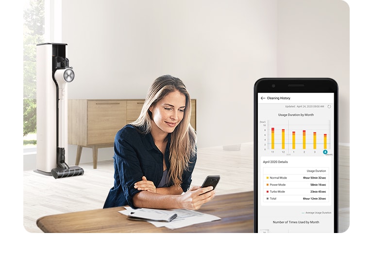 A woman is sitting at a table looking into her smartphone, and the smartphone screen in the lower right shows the UI of the LG ThinQ app.