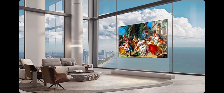 LG OLED evo AI W6 Wallpaper TV with a 9mm-thin profile stands in a panoramic high-rise living room, displaying a detailed classical painting while its streamlined form maintains spatial aesthetics and interior balance.