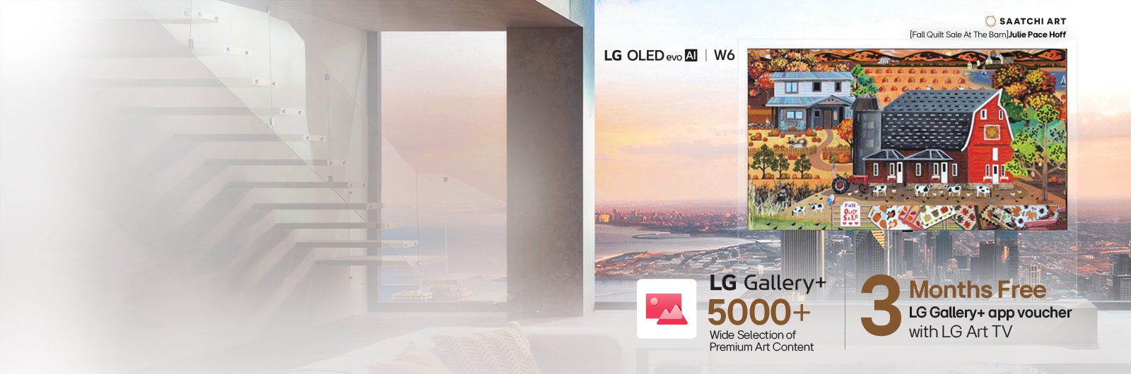 LG OLED evo AI W6 Wallpaper TV displays colorful farmhouse artwork from LG Gallery+ on screen against a city skyline backdrop, highlighting that a 3-month free LG Gallery+ voucher enables access to over 5,000 premium artworks. 