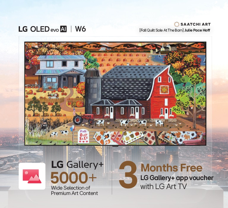 LG OLED evo AI W6 Wallpaper TV displays colorful farmhouse artwork from LG Gallery+ on screen against a city skyline backdrop, highlighting that a 3-month free LG Gallery+ voucher enables access to over 5,000 premium artworks. 