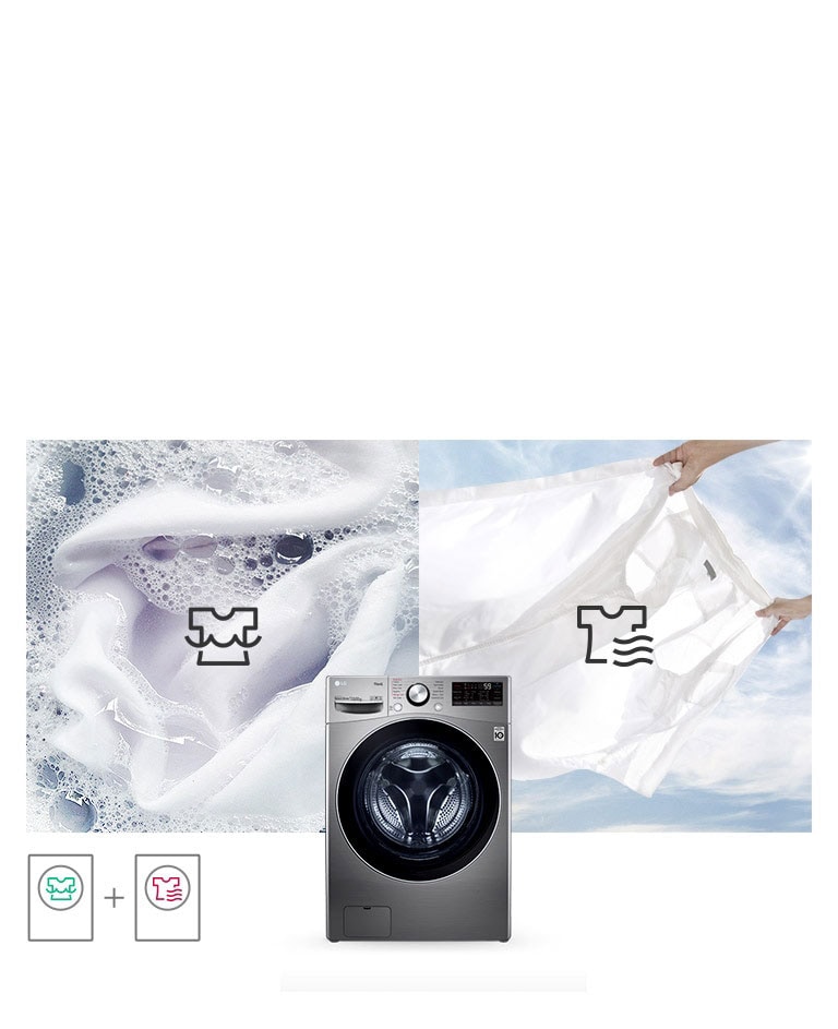 One background image features a white shirt with suds in the wash cycle and the second background images shows the white shirt in the dry cycle. In the foreground is the TopGun2.