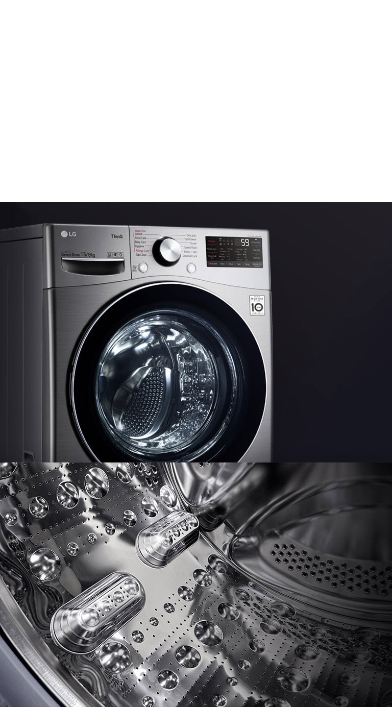 One image shows the front of the washing machine front load washer bringing focus to the tempered glass door. Second image shows the interior of the drum with focus on the stainless steel design.