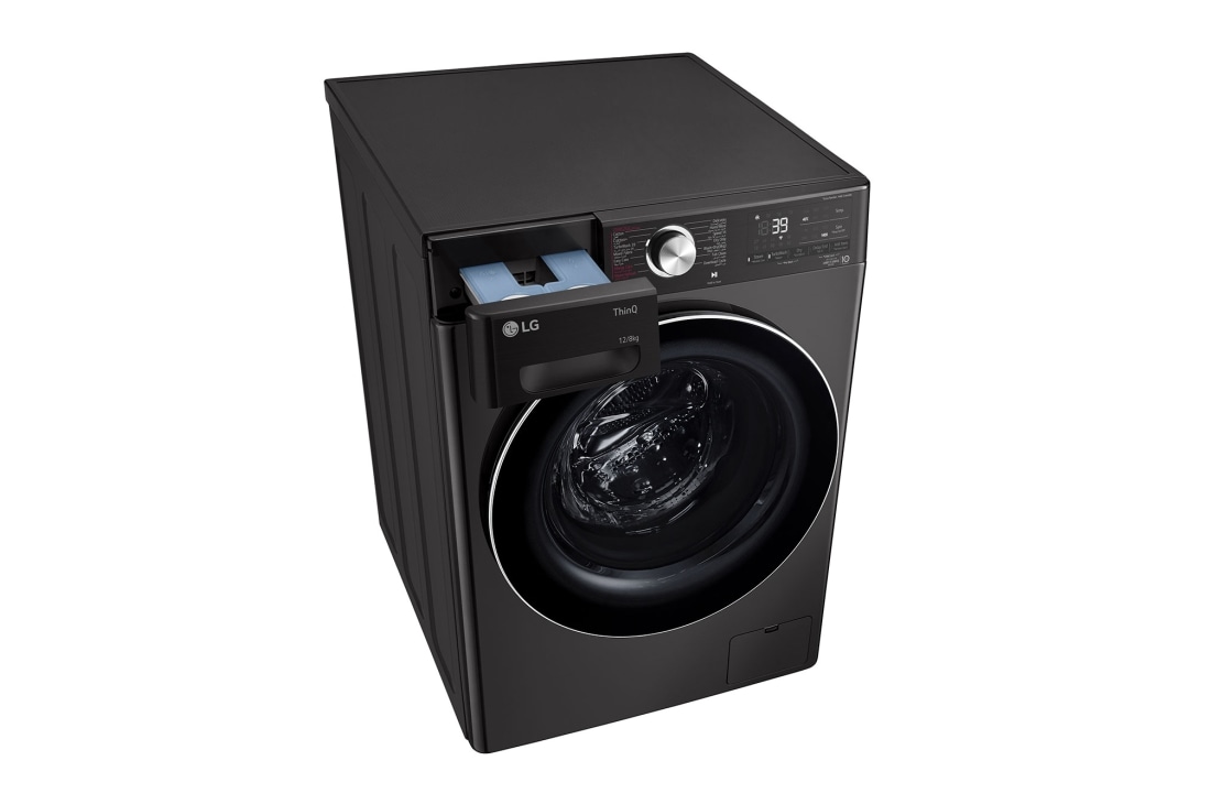 LG Black Washer Dryer Combo 12/8kg, top left perspective drawer open, F4V9BCP2EE5, thumbnail 9