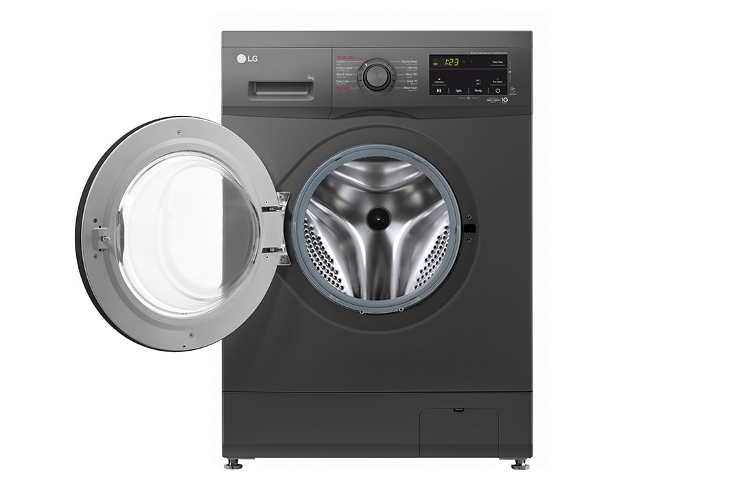 LG 9kg Front Load Washing Machine, Black, Front view with door open, F4J3VYG6J, thumbnail 2
