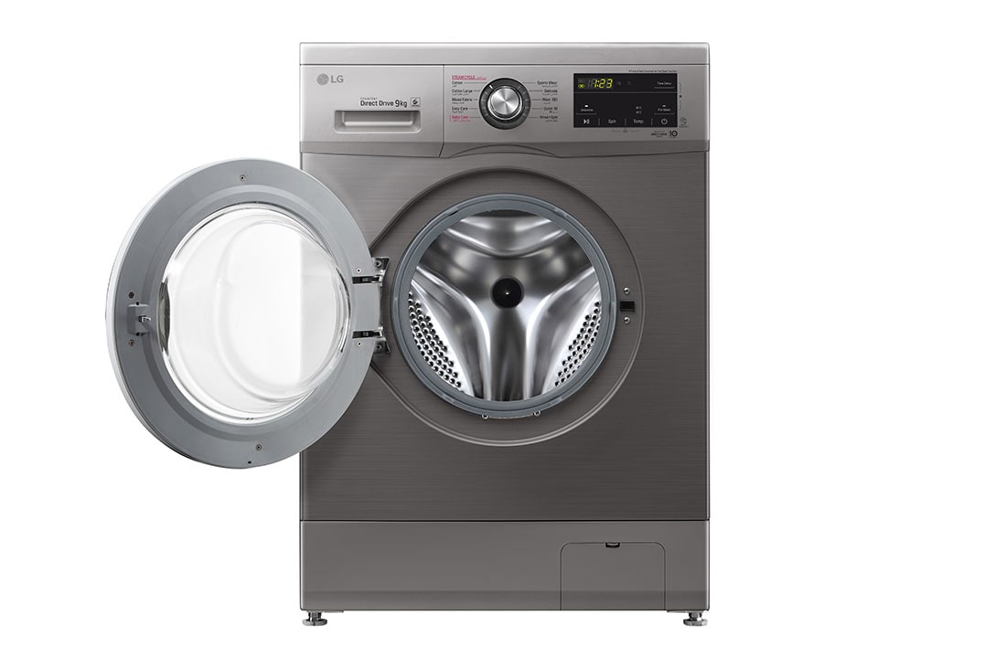 LG 9kg Front Load Washing Machine, Silver, Front view with door open, F4J3VYG5P, thumbnail 2