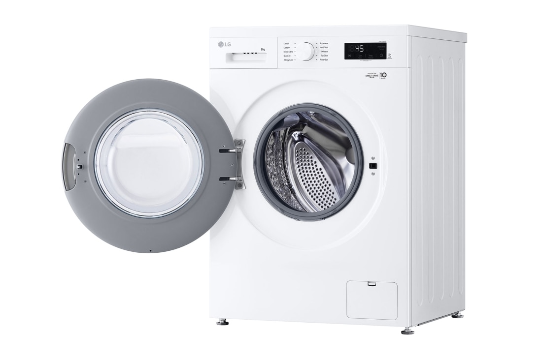 LG 8kg Front Load Washer with 6 motion Inverter Direct Drive, door open perspective view, F2Y1TYP3W, thumbnail 11