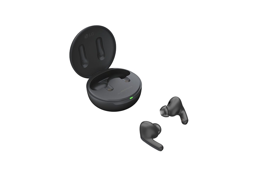 LG TONE Free FP5 - Enhanced Active Noise Cancelling True Wireless Bluetooth Earbuds, Cradle is open in a side angle of 15 degrees, and both sides of the earbuds are placed in front of it., TONE-FP5, thumbnail 12