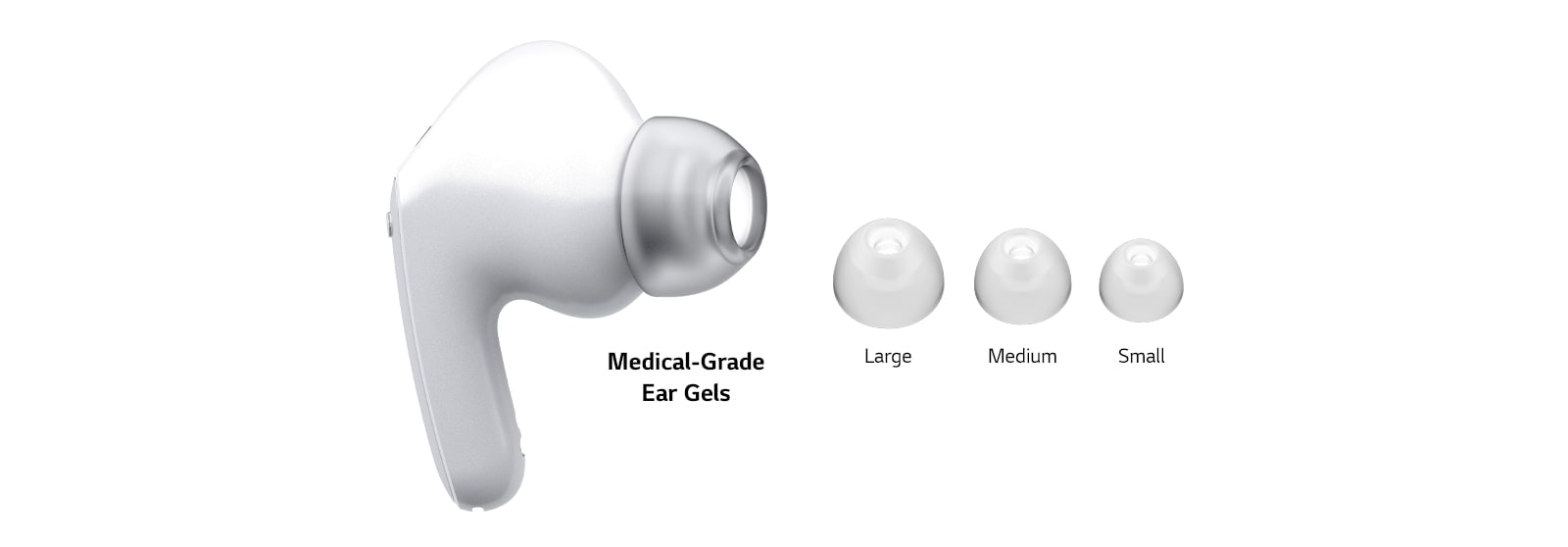 Image of white earbuds and a set of 3 size eargels: Large, Medium and Small.