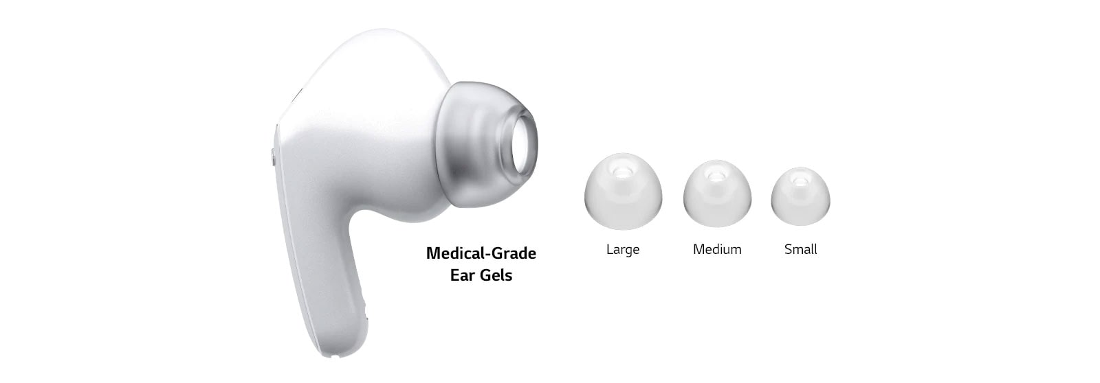 Image of white earbuds and a set of 3 size eargels: Large, Medium and Small.
