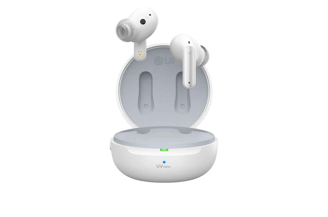 LG TONE Free FP9W - Plug and Wireless True Wireless Bluetooth UVnano Earbuds, A front view of cradle opened up and earbuds are floating., TONE-FP9W, thumbnail 2
