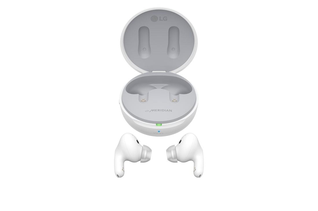 LG TONE Free FP9W - Plug and Wireless True Wireless Bluetooth UVnano Earbuds, A top view of cradle opened up and both sides of the earbuds are placed in front of it., TONE-FP9W, thumbnail 15