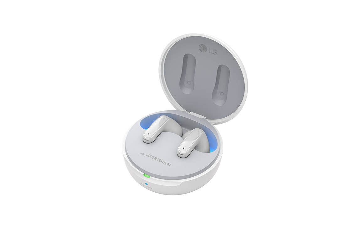 LG TONE Free FP8W - Enhanced Active Noise Cancelling True Wireless Bluetooth UVnano Earbuds, Cradle is open and mood lighting is turned on in a 15-degree slanted side-top view., TONE-FP8W, thumbnail 13