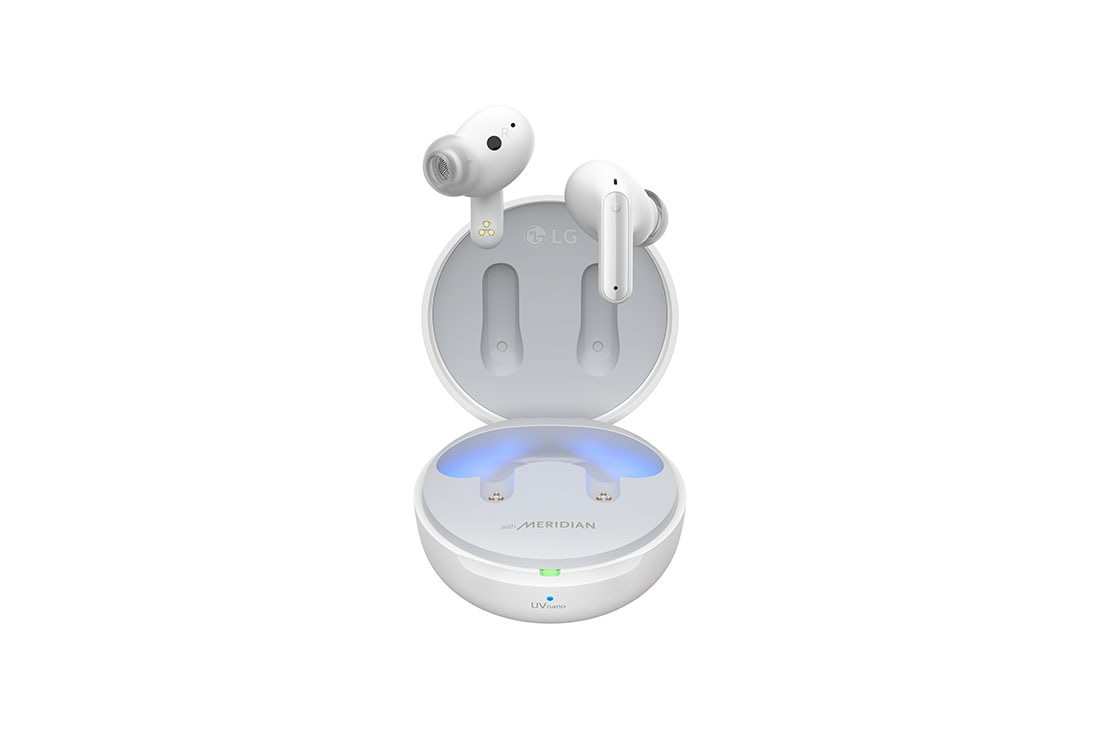 LG TONE Free FP8W - Enhanced Active Noise Cancelling True Wireless Bluetooth UVnano Earbuds, A top view of cradle opened up and both sides of the earbuds are placed in front of it., TONE-FP8W, thumbnail 15